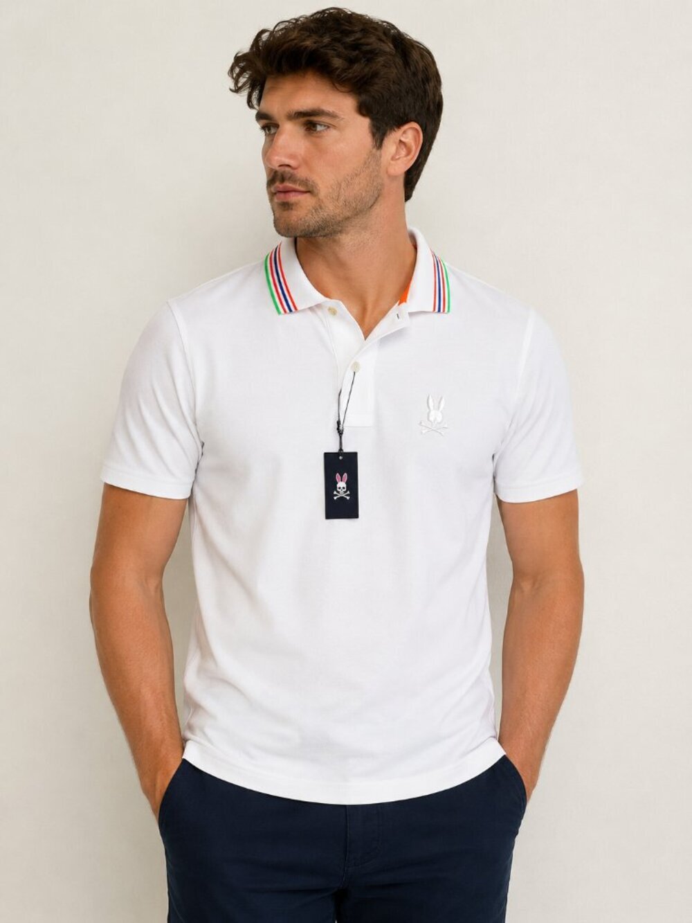 Psycho Bunny Men’s White Polo Shirt Rainbow Trim Short Sleeve New With Tags